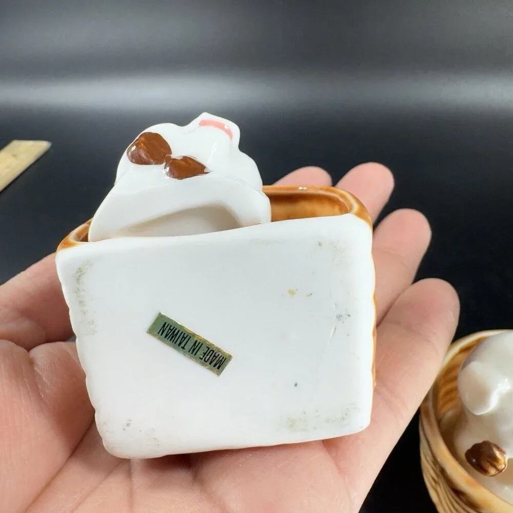 Vintage 1980s Porcelain Pings In Woven Basket Figurine‎ Set Made On Taiwan VTG